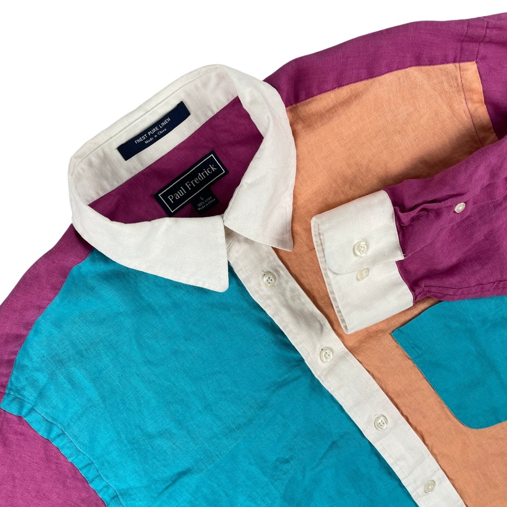 Paul Fredrick Shirt Mens L Multicolor Linen Long Sleeve Button Down Pocket Retro